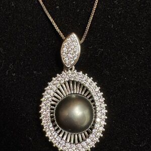 925 Sterling Tahitian Pearl and Cubic Zirconia Sunburst Pendant